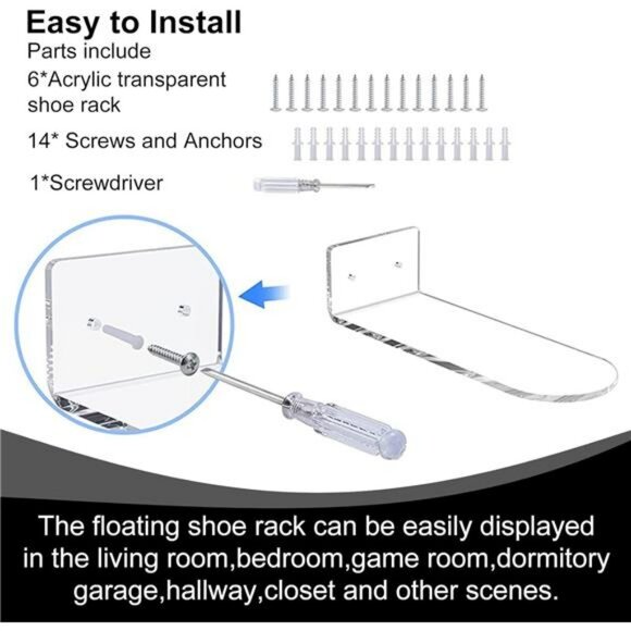 Clear acrylic wall mount floating shoe rack set of 6 space saving display shelf - Picture 4 of 8